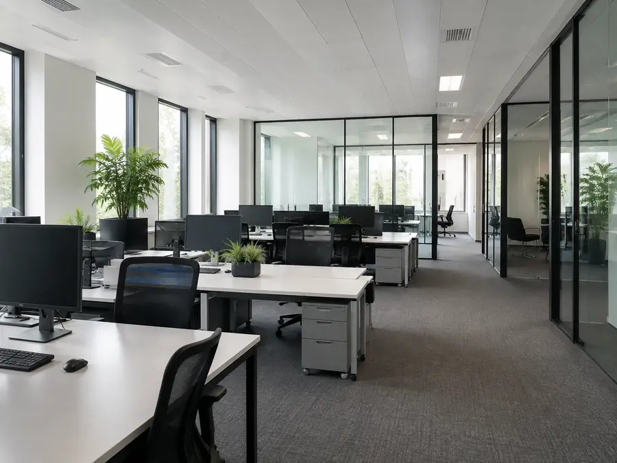 Gereinigter, aufgeräumter Großraumbüro-Arbeitsbereich